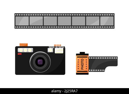 90s Fotokamera, Filmrolle und Filmstreifen isoliert. Retro-Kamera des Fotografen. Set mit Fotoausrüstung aus den Jahren 1980s und 1990s. Vektorgrafik flach illustrative Stock Vektor