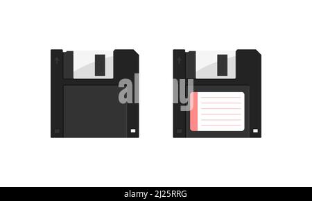 3,5-Zoll-Diskette isoliert. Vektor-flache Abbildung der Retro-Diskette 3,5-Zoll-Diskette mit Etikett und ohne. Computerdaten der Jahrgänge 80s und 90s ca. Stock Vektor