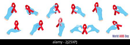 Vektor-Set von Cartoon-Illustration mit Ärzten Hände in blauen Handschuhen halten rote Bänder. Medizinisches Symbol für den Kampf gegen AIDS und HIV. Dezember 1 Stock Vektor