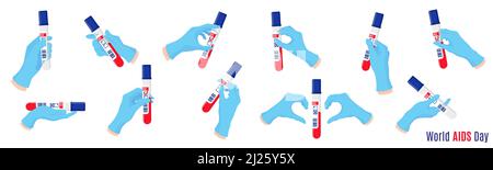 Vektor-Set von Cartoon-Illustration mit Ärzten Hände in blauen Handschuhen halten Blutproben. Positives und negatives Testergebnis. Kennen Sie Ihren HIV-Status Stock Vektor