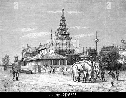 Weißer Elefant oder heiliger Elefant im Königspalast von burmesischen König Bodawpaya, Amarapura, alias Ummerapoora, Mandalay, Burma oder Myanmar. Vintage Illustration oder Gravur 1860. Stockfoto