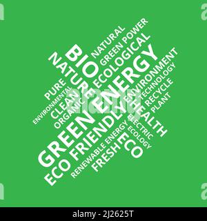 Green Power Wortwolke, viel Text über erneuerbare Energien Stock Vektor