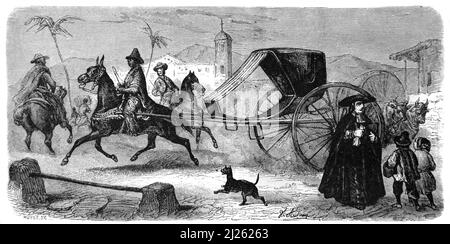 Straßenszene mit Pferd & Wagen oder Pferd und Buggy in der Altstadt von Havanna Kuba. Vintage Illustration oder Gravur 1860. Stockfoto