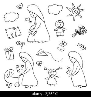 Doodle Muttertag Vektor-Set .kindliche Kritzeleien mit glücklichen Kindern und Mom. Schwarze Linie Comic-Figuren. Stock Vektor