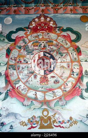 Kloster Pema Osel Ling. Das Rad des Lebens oder die bhavacakra ist eine symbolische Darstellung von saṃsara. Wandmalerei. Stockfoto