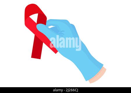 Vektor-Cartoon-Illustration einer Arzthand in einem blauen Handschuh mit einem roten Band. Stoppen Sie AIDS und HIV. Stock Vektor