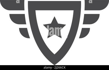 Symbol mit geflügeltem Schild. Militärisches Symbol. Superhelden-Zeichen Stock Vektor