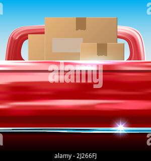 Liefervorlage. Auto-Lieferung. Kartons auf der Rückseite eines roten Pickups. Platz für Text Pickup Heckklappe. Speicherplatz kopieren. Layout, Modellbau Stock Vektor