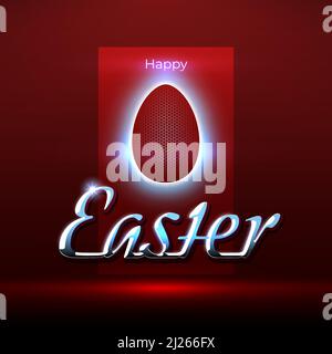 Frohe Ostern. Osterkarte im Auto-Show-Stil. Glänzendes Chrom-Logo auf rotem Hintergrund, glühende Eierkontur. Autom. Design. Grußkarte für benutzerdefinierte Karten Stock Vektor