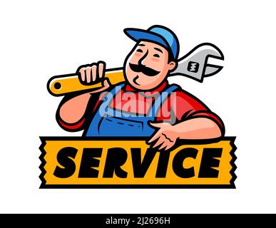 Bauarbeiter mit Schraubenschlüssel oder Werkzeug. Service-Reparatur, Klempnerarbeit Emblem. Cartoon Klempner Vektor Illustration Stock Vektor