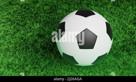 Realistischer Fußball oder Fußball in Schwarz-Weiß-Farbe mit Schatten auf grünem Gras Hintergrund. 3D Rendern Stockfoto