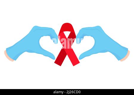 Vektor-Cartoon-Illustration eines Arztes Hände in blauen Handschuhen mit einer Herzform hält ein rotes Band.. AIDS- und HIV-Hilfskonzept. Stock Vektor