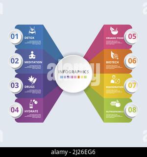 Infografik Biohacking-Symbole Vektordarstellung. 8 farbige Steps-Info-Vorlage mit bearbeitbarem Text. Stock Vektor