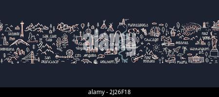 Schöne handgezeichnete usa nahtlose Muster mit Wahrzeichen, Nationalparks, Städten und Landschaften - ideal für Textilien, Verpackung, Banner, Tapeten - vec Stock Vektor