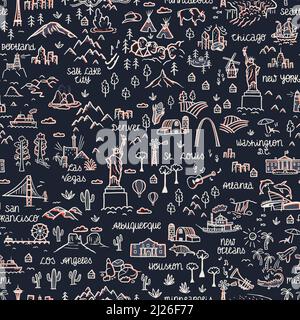 Schöne handgezeichnete usa nahtlose Muster mit Wahrzeichen, Nationalparks, Städten und Landschaften - ideal für Textilien, Verpackung, Banner, Tapeten - vec Stock Vektor