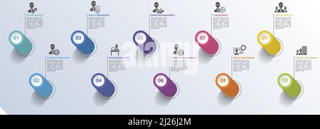 Infografik Symbole für das Management von Unternehmen Vektordarstellung. 10 farbige Steps-Info-Vorlage mit bearbeitbarem Text. Stock Vektor
