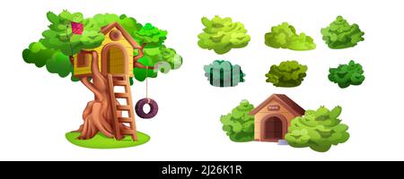 Set von Baumhaus, grünen Gartenbüschen und hundehütte isoliert Cartoon-Elemente. Baumhaus mit Holzleiter, Kite- und Reifenschaukel für spielende Kinder. Platz für Spiele und Aktivitäten für Kinder im Sommer. Stock Vektor