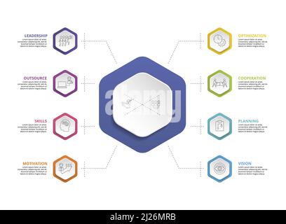 Infografik Teamwork-Symbole Vektordarstellung. 8 farbige Steps-Info-Vorlage mit bearbeitbarem Text. Stock Vektor