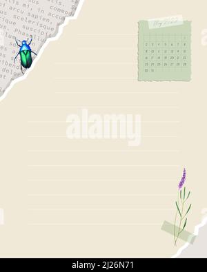 Mahnung zu tun Listenplaner Mai 2022, gefüttert leer, Bleistift Bug und Lavendel. Ideen, Pläne. Collage-Vektor. Vektorgrafik Stock Vektor