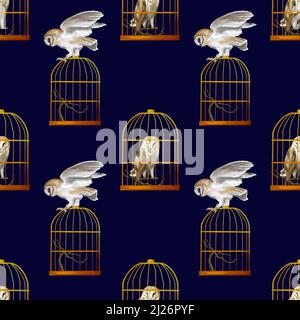 Aquarell Nahtloses Muster fliegende Eule Scheune Eule. Eine realistische Illustration einer Eule. Digitales Papier. Weißer Vogel mit beigen Flügeln und Kopf nachtaktiv Stockfoto