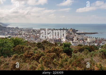 Ein Blick über die Stadt Aberystwyth von den Hügeln im Norden der Stadt. Aufgenommen an einem sonnigen Herbsttag mit Ginstersträuchern im Vordergrund und Ruhe Stockfoto