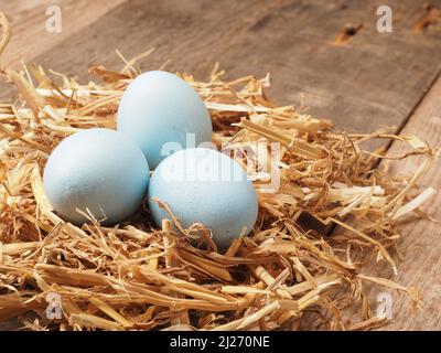 Mit natürlichen Farbstoffen selbst gefärbte Bio-Eier in einem Strohnest, Urlaub oder gesunde Ernährung Konzept Stockfoto