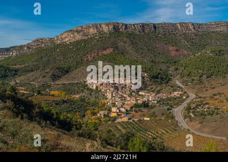 Weinberge in einem felsigen Boden durch die Berge La Vilella Baixa, Priorat, Tarragona, Katalonien, Spanien Stockfoto