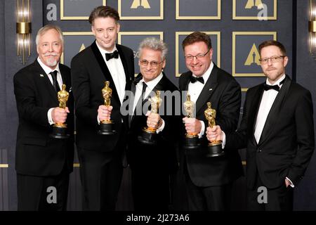 Mac Ruth, Mark Mangini, Theo Green, Doug Hemphill, Ron Bartlett im Presseraum für die Academy Awards 94. - Presseraum 2, Dolby Theater, Los Angeles, CA 27. März 2022. Foto: Priscilla Grant/Everett Collection Stockfoto