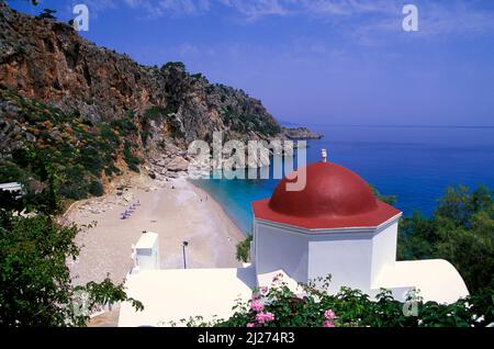 Kira Panagia, Blick von der Kirche auf den Strand, Karpathos Insel, Dodekanes, Griechenland, Europa Stockfoto