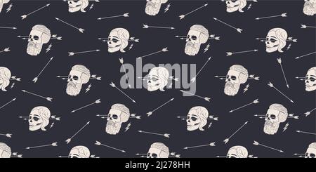 Nahtloses Muster Hintergrund von vintage Schädel Hipster mit Pfeil. Grafikdesign für Geschenkpapier und Stofftextur des Hemdes. Vektorgrafik Stock Vektor