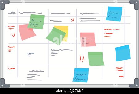 Tafel mit farbigen Aufklebern. Cartoon Task Management Konzept isoliert auf weißem Hintergrund Stock Vektor