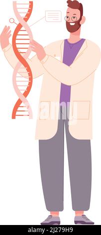 DNA-Forschung im Labor. Man studiert menschliche Genomstruktur, die auf weißem Hintergrund isoliert ist Stock Vektor