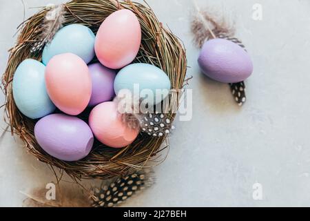 Happy Easter Konzept. Vorbereitung auf den Urlaub. Farbenfrohe, pastellfarbene Ostereier im Nest mit Federn auf betonsteingrauem Hintergrund. Einfacher Minimalismus flach Lay Draufsicht Kopieplatz Stockfoto