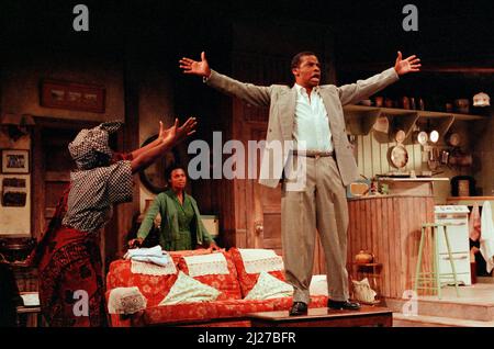 l-r: Marcia Myrie (Beneatha Younger), Valerie Buchanan (Ruth Younger), Don Warrington (Walter Lee Younger) in Einer ROSINE IN DER SONNE von Lorraine Hansberry im Palace Theatre, Watford, England 15/11/1989 Design: Martin Johns Beleuchtung: Leonard Tucker Regie: Lou Stein Stockfoto