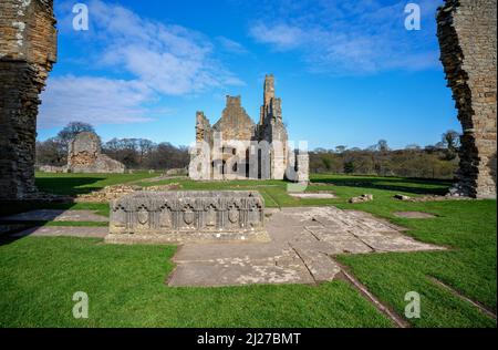 Egglestone Abbey Ruinen am Ufer des River Tees in der Grafschaft Durham Stockfoto