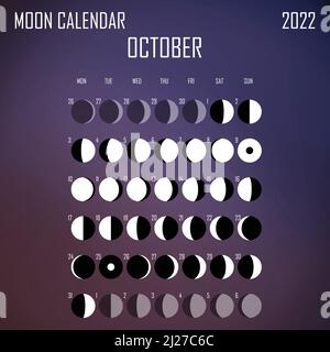 Oktober 2022 Mondkalender. Astrologisches Kalenderdesign. planer. Platz für Aufkleber. Modell des Monatszyklus-Planers. Isolierter flüssiger Farbhintergrund Stock Vektor