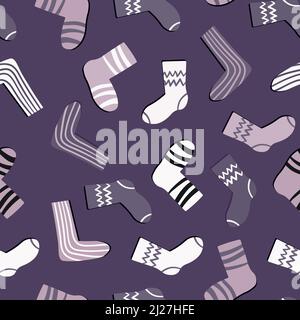 Nahtloses Muster mit modernen bunten Socken. Trendige Accessoires im Doodle-Stil. Verschiedene Baumwollfußtuch. Cartoon Socken für Web und Print, für Stock Vektor