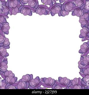 Frühlingsillustration mit violetten Tulpen. Alles gute zum Geburtstag, zum Feiertag, zur Feier, zur Begrüßung und zur Einladungskarte. Bunte Bordüre, Blumenbanner mit Stock Vektor