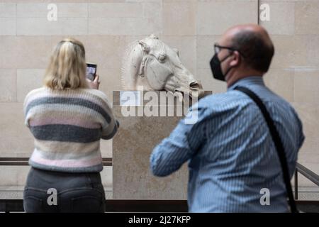 Griechische Parthenon-Murmeln und Skulpturen, aus dem Tempel der Athene, besser bekannt als die "Elgin-Murmeln", British Museum, London, Großbritannien Stockfoto