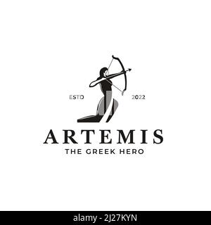 Griechische Göttin Artemis mit Pfeil- und Bogenlogo. Stock Vektor