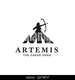 Abbildung der griechischen Göttin Artemis mit Pfeil- und Bogenlogo auf einem Berg. Stock Vektor