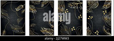 Set von 4 Stück. Schwarze abstrakte künstlerische Hintergründe mit goldenen Linien Textur für Werbung, Visitenkarten und Banner - Vektor-Illustration Stock Vektor