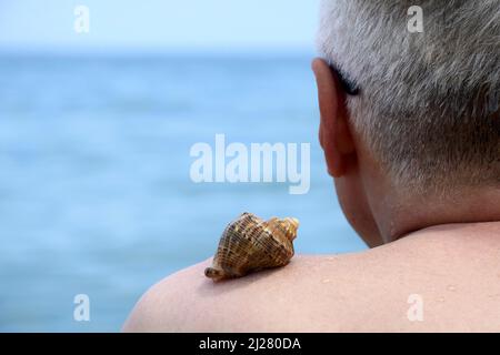 Urlaub, Erholung. Der kurzhaarige grauhaarige Mann sitzt am Strand und blickt in die Ferne. Auf seiner Schulter liegt ein großer Schwanzmuschel. Küste, Ruhe, s Stockfoto