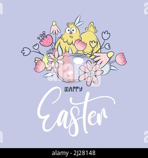 Frohe Ostern Banner, Poster, Grußkarte. Trendiges Osterdesign mit Typografie, Hasen, Blumen, Eiern, Hasenohren, In Pastellfarben. Stock Vektor