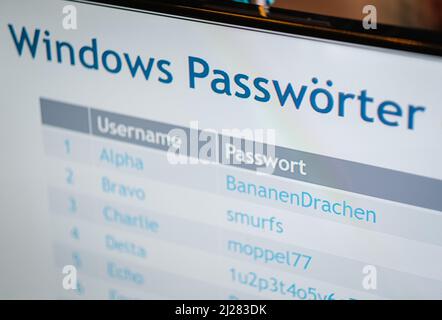 Hannover, Deutschland. 30. März 2022. „Windows Passwords“ ist auf der IT-Sicherheitsmesse secIT by Heise auf einem Stand. Quelle: Ole Spata/dpa/Alamy Live News Stockfoto