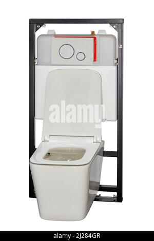 Toilettenschüssel und eingebautes Spülsystem, Bild isoliert auf weißem Hintergrund. Stockfoto