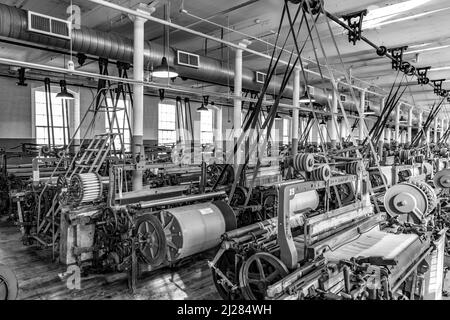 Lowell, USA - 26. September 2017: Besuch des Industriemuseums Boott Baumwollmühlen in Lowell, USA. Der Maschinenraum ist identisch mit dem funktionierenden Conditi Stockfoto