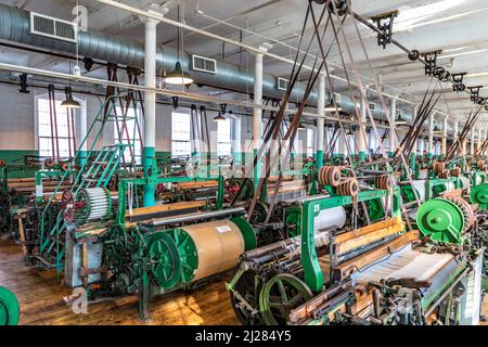 Lowell, USA - 26. September 2017: Besuch des Industriemuseums Boott Baumwollmühlen in Lowell, USA. Der Maschinenraum ist identisch mit dem funktionierenden Conditi Stockfoto