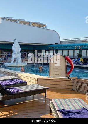 Ft. Lauderdale, FL USA - 4. November 2019: Das Hallenbad und der Whirlpool des Holland American Cruise Line Zuiderdam-Kreuzfahrtschiffs mit ornamentalen Eisbären. Stockfoto