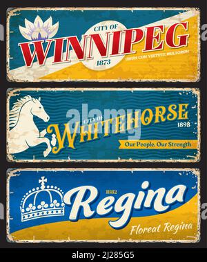 Kanadische Städte-Teller, Reisestecker von Windnipeg, Whitehorse und Regina. Kanada Reise Souvenir Aufkleber oder Grunge Vektor-Banner. North America City Vintage Blechschilder, Aufkleber oder Teller mit Fahnen Stock Vektor